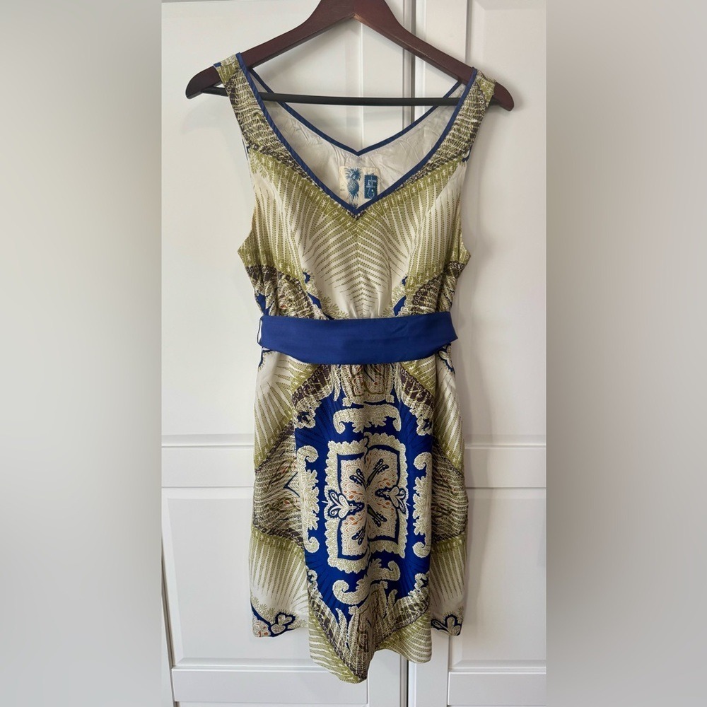Anthropologie Edme & Esyllte Lapulla Silk Blue and Green Patterned Midi Dress Sm